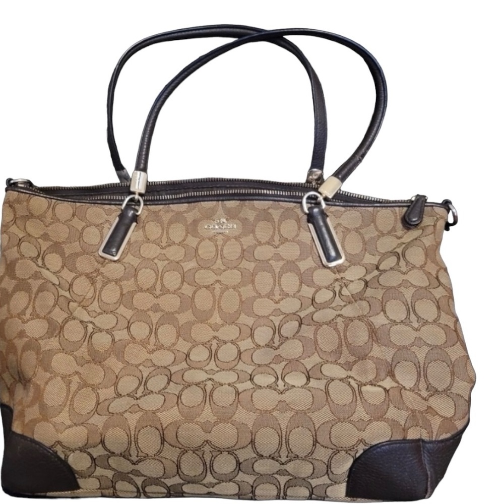 SOLD Coach Shoulder Bag Brown and Tan Signature Leather and Canvas Monogram - Picture 2 of 12